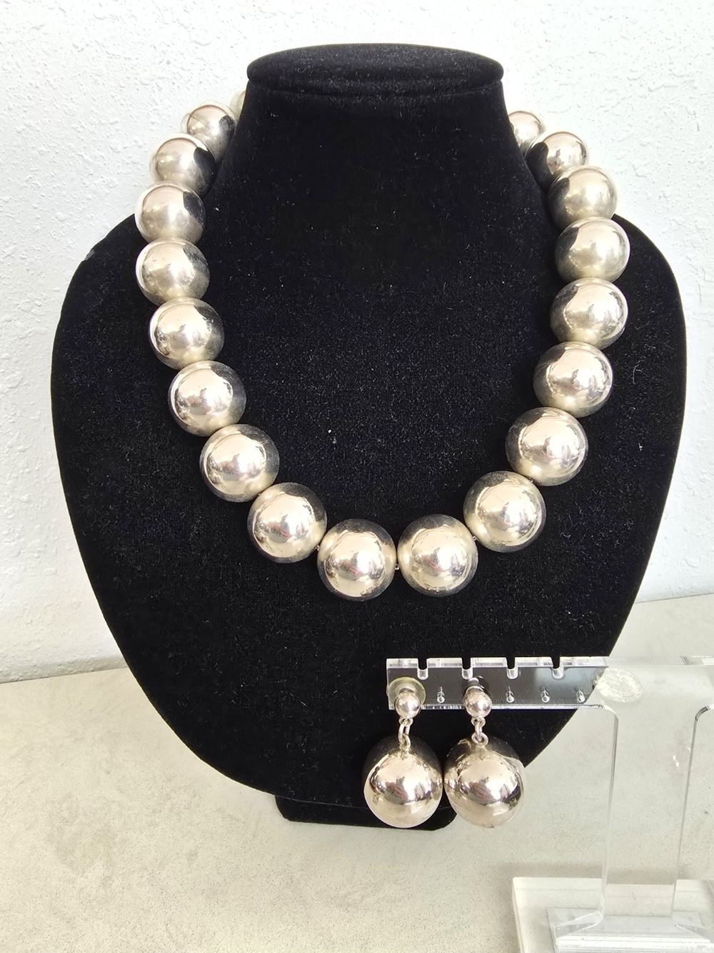 925 Sterling Silver XL Bead Necklace Earrings Set 8.2 Oz Heavy Statement
